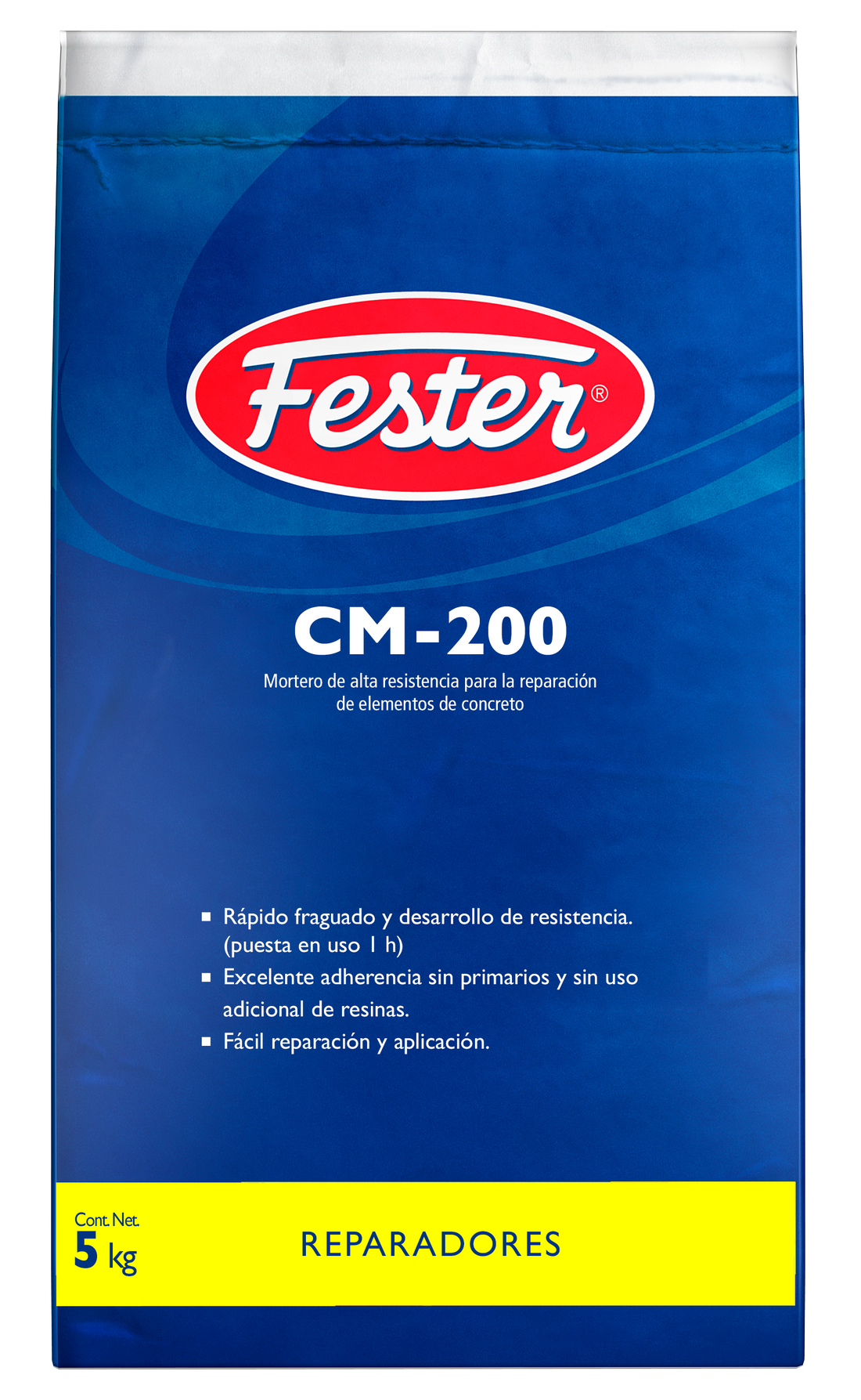 Envase de Fester CM200 mortero reparador. Aplicación de Fester CM200 en superficie de concreto. Superficie reparada con Fester CM200. Detalle del mortero reparador Fester CM200. Restauración de concreto con Fester CM200