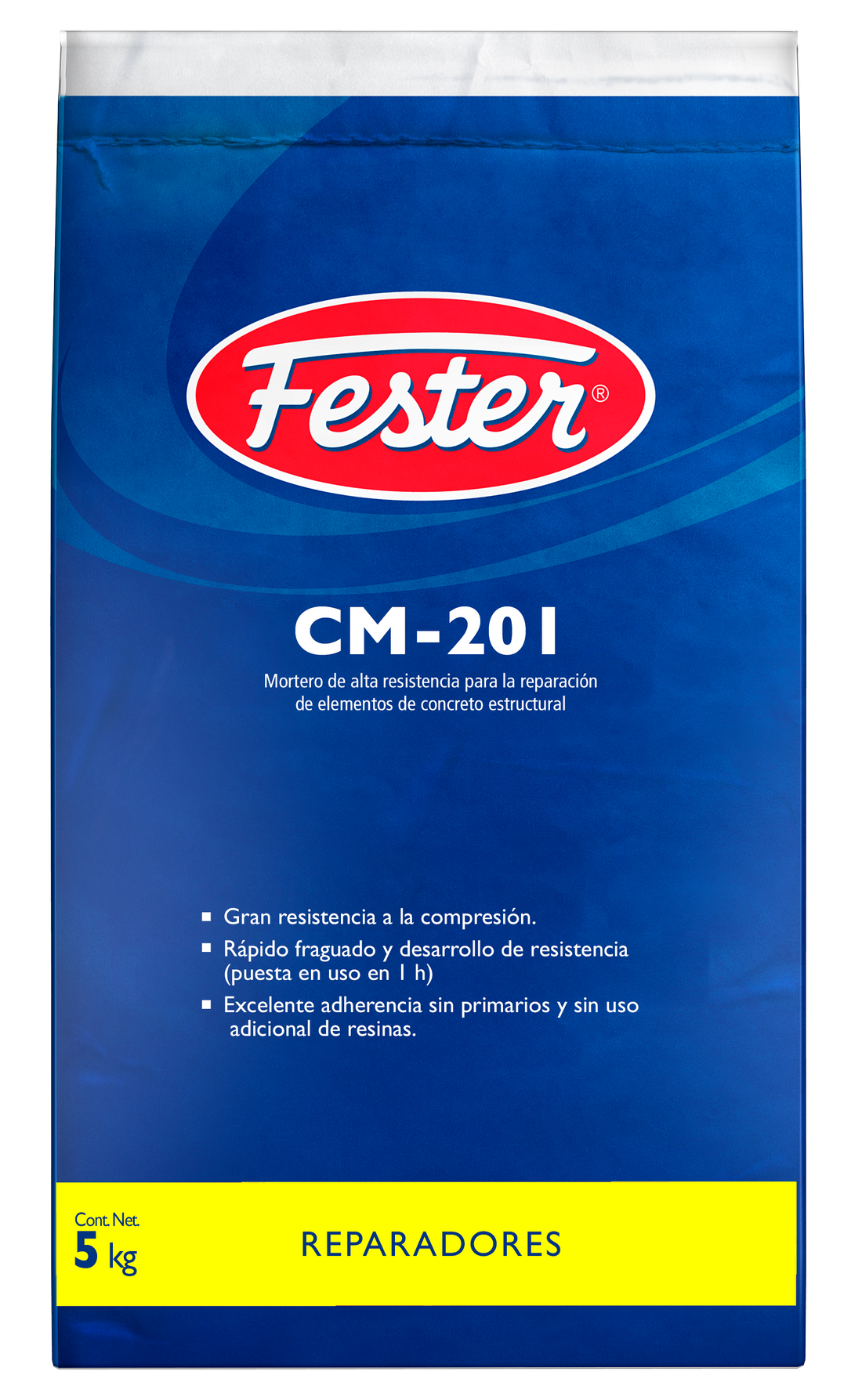 Envase de Fester CM201 mortero reparador. Aplicación de Fester CM201 en superficie de concreto. Superficie reparada con Fester CM201. Detalle del mortero reparador Fester CM201. Restauración de concreto con Fester CM201.