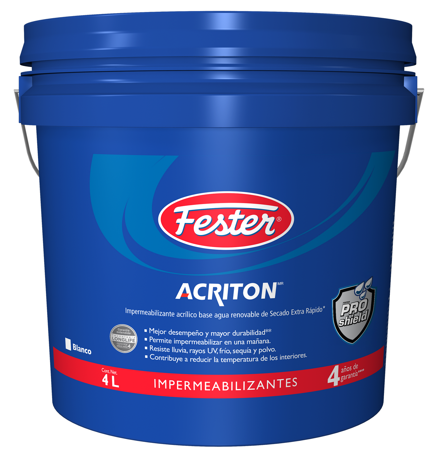 Envase de Fester Acriton 4 impermeabilizante acrílico. Aplicación de Fester Acriton 4 en techo. Superficie protegida con Fester Acriton 4. Detalle del impermeabilizante acrílico Fester Acriton 4. Fachada tratada con Fester Acriton 4.