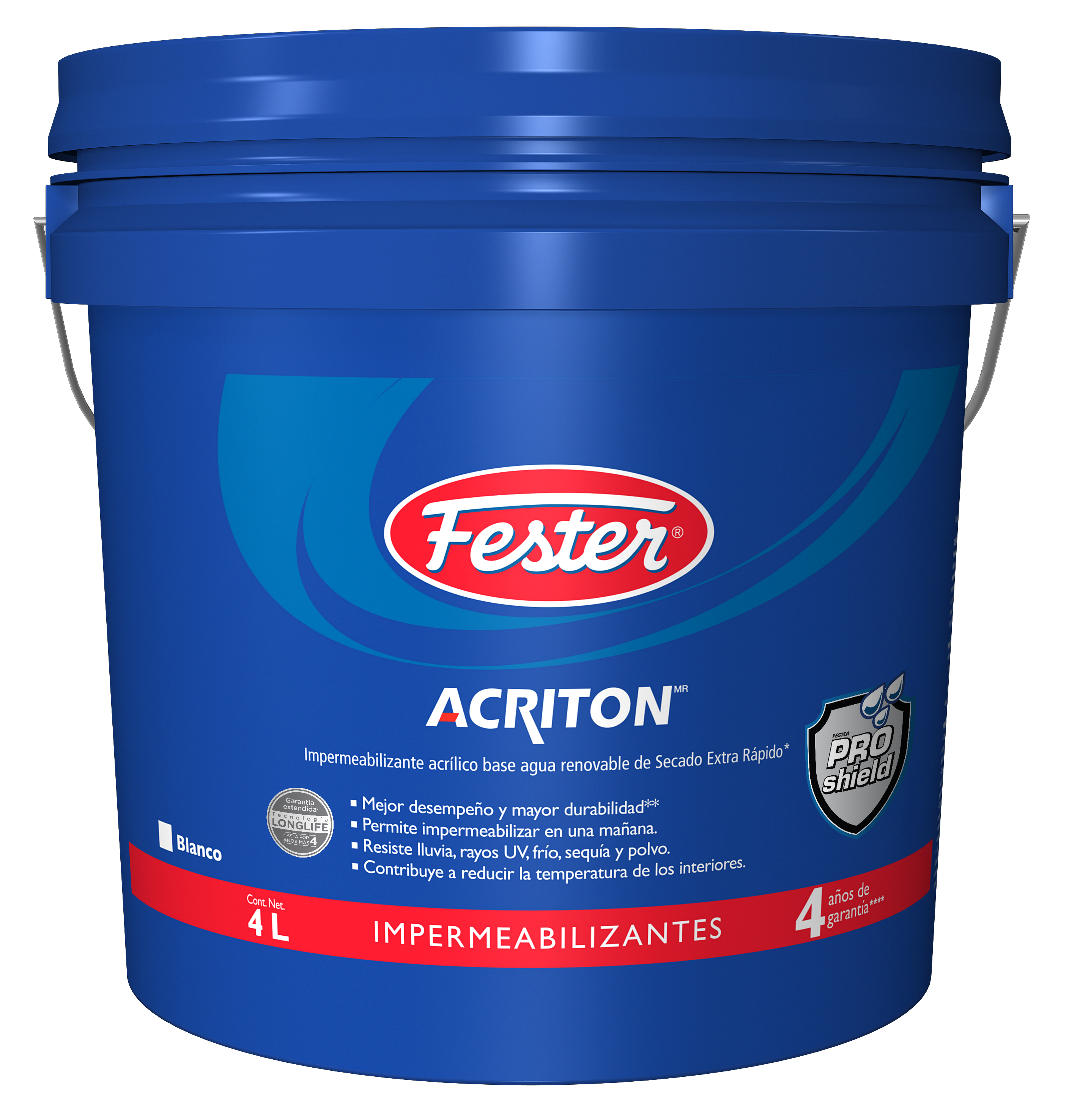 Envase de Fester Acriton 4 impermeabilizante acrílico. Aplicación de Fester Acriton 4 en techo. Superficie protegida con Fester Acriton 4. Detalle del impermeabilizante acrílico Fester Acriton 4. Fachada tratada con Fester Acriton 4.