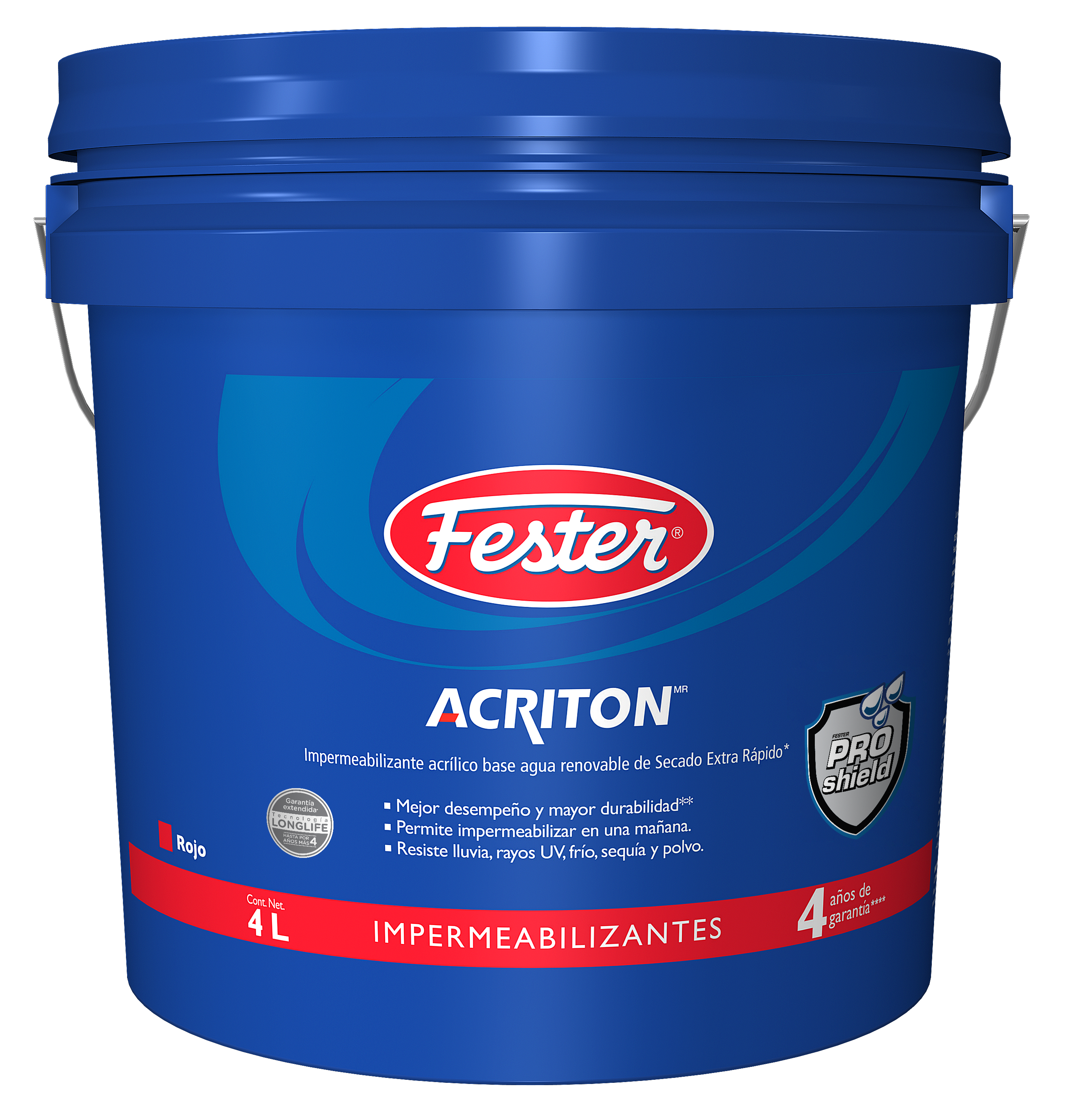 Envase de Fester Acriton 4 impermeabilizante acrílico. Aplicación de Fester Acriton 4 en techo. Superficie protegida con Fester Acriton 4. Detalle del impermeabilizante acrílico Fester Acriton 4. Fachada tratada con Fester Acriton 4.