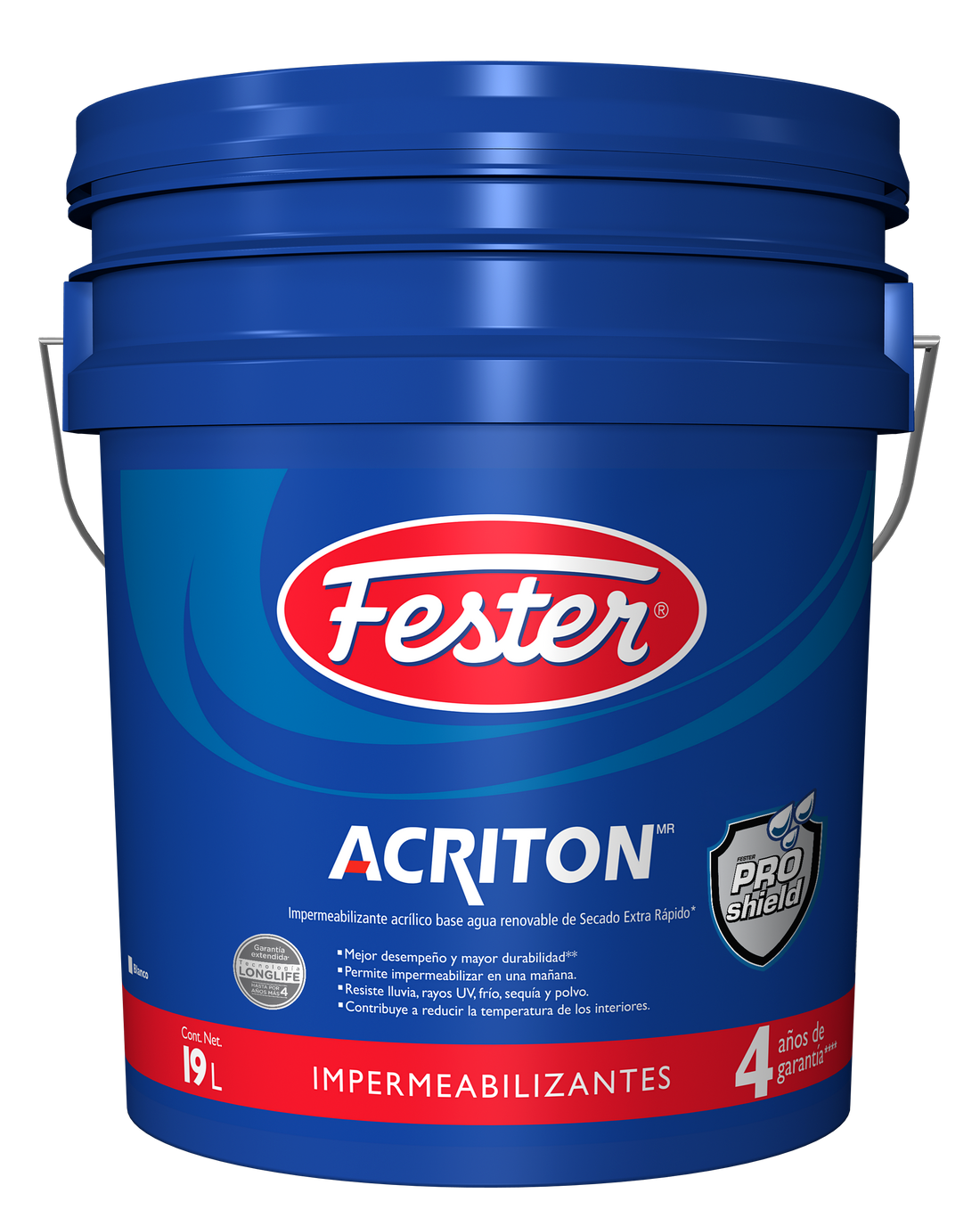 Envase de Fester Acriton 4 impermeabilizante acrílico. Aplicación de Fester Acriton 4 en techo. Superficie protegida con Fester Acriton 4. Detalle del impermeabilizante acrílico Fester Acriton 4. Fachada tratada con Fester Acriton 4.