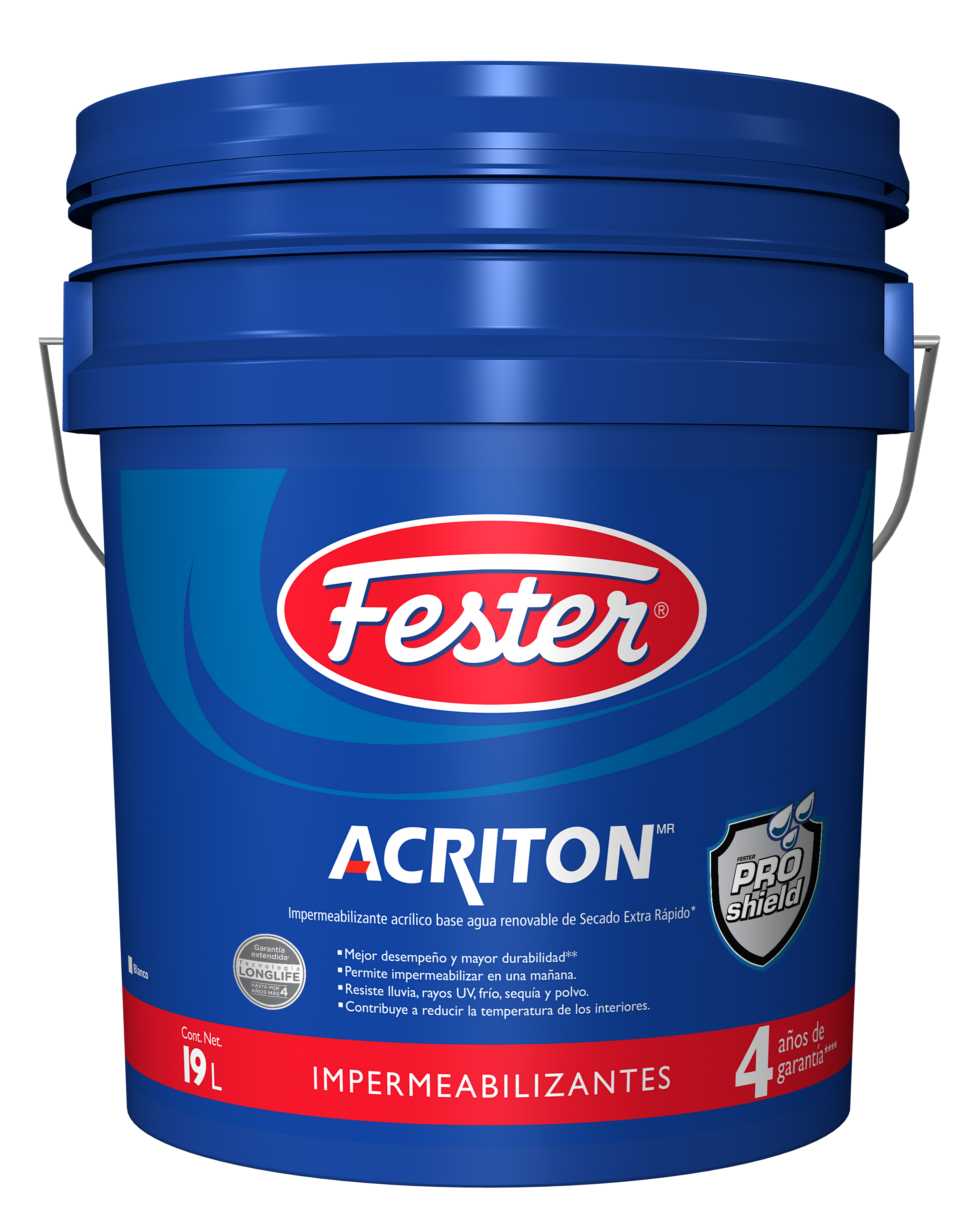 Envase de Fester Acriton 4 impermeabilizante acrílico. Aplicación de Fester Acriton 4 en techo. Superficie protegida con Fester Acriton 4. Detalle del impermeabilizante acrílico Fester Acriton 4. Fachada tratada con Fester Acriton 4.