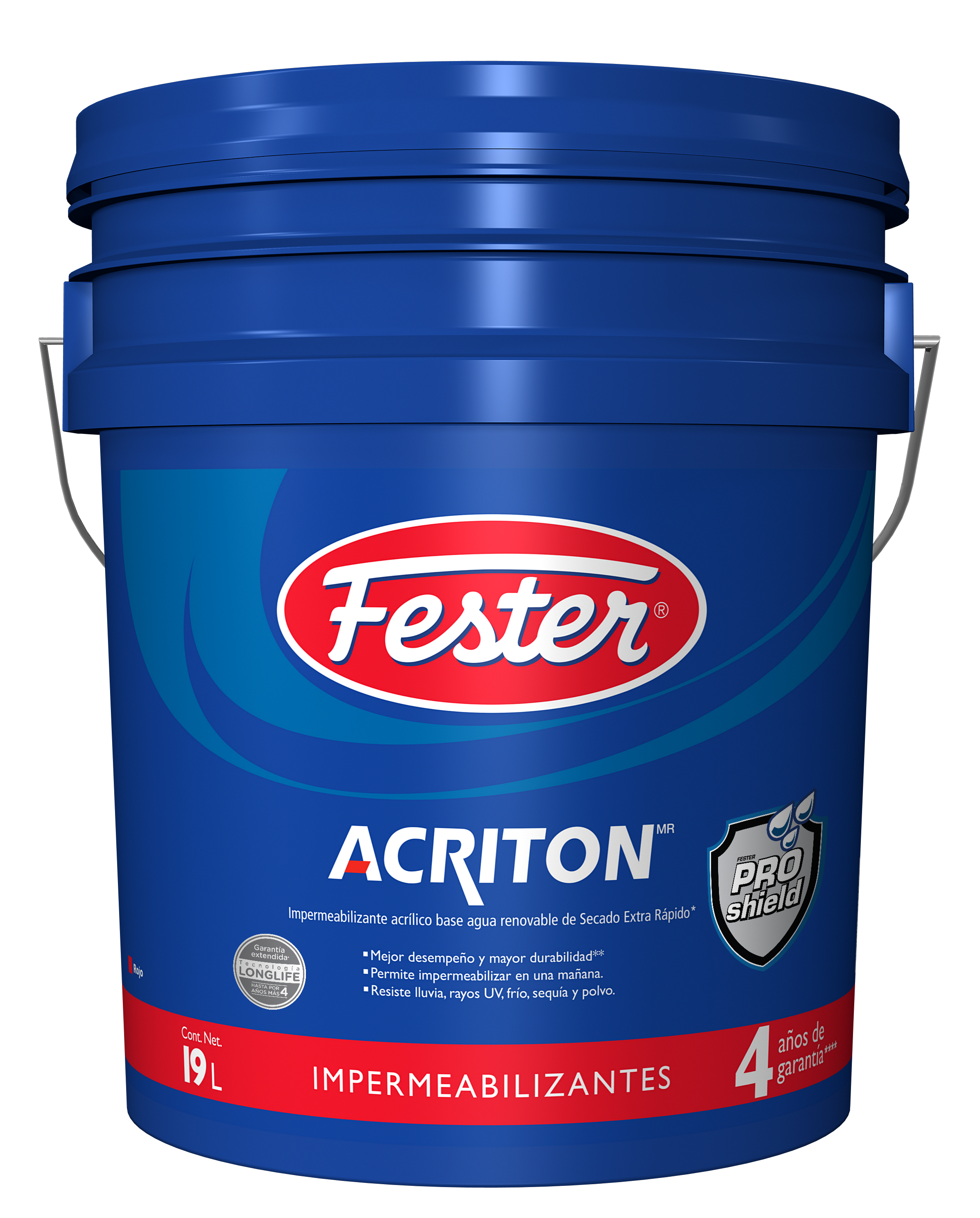 Envase de Fester Acriton 4 impermeabilizante acrílico. Aplicación de Fester Acriton 4 en techo. Superficie protegida con Fester Acriton 4. Detalle del impermeabilizante acrílico Fester Acriton 4. Fachada tratada con Fester Acriton 4.