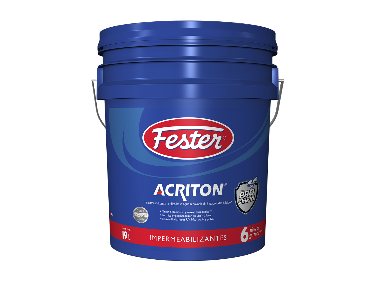 Envase de Fester Acriton 4 impermeabilizante acrílico. Aplicación de Fester Acriton 4 en techo. Superficie protegida con Fester Acriton 4. Detalle del impermeabilizante acrílico Fester Acriton 4. Fachada tratada con Fester Acriton 4.