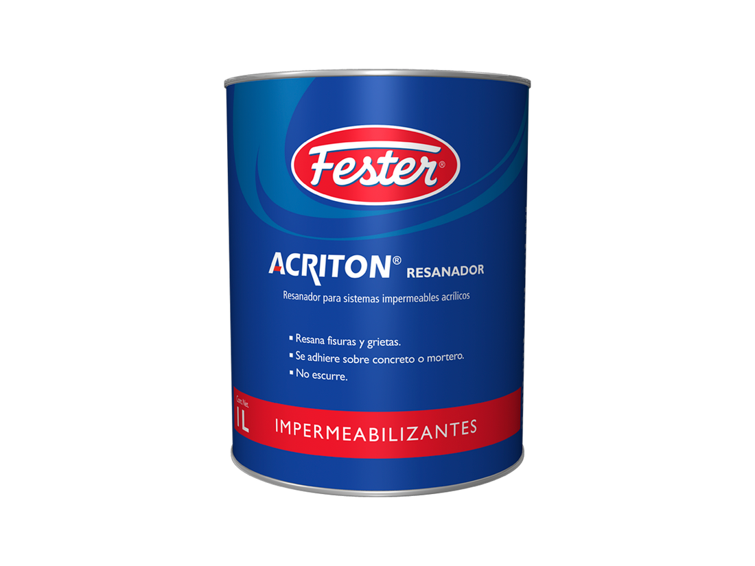 Envase de Fester Acriton Resanador impermeabilizante acrílico. Aplicación de Fester Acriton Resanador en grietas de techo. Superficie resanada con Fester Acriton Resanador. Detalle del resanador impermeabilizante acrílico Fester Acriton Resanador. Fachada reparada con Fester Acriton Resanador.