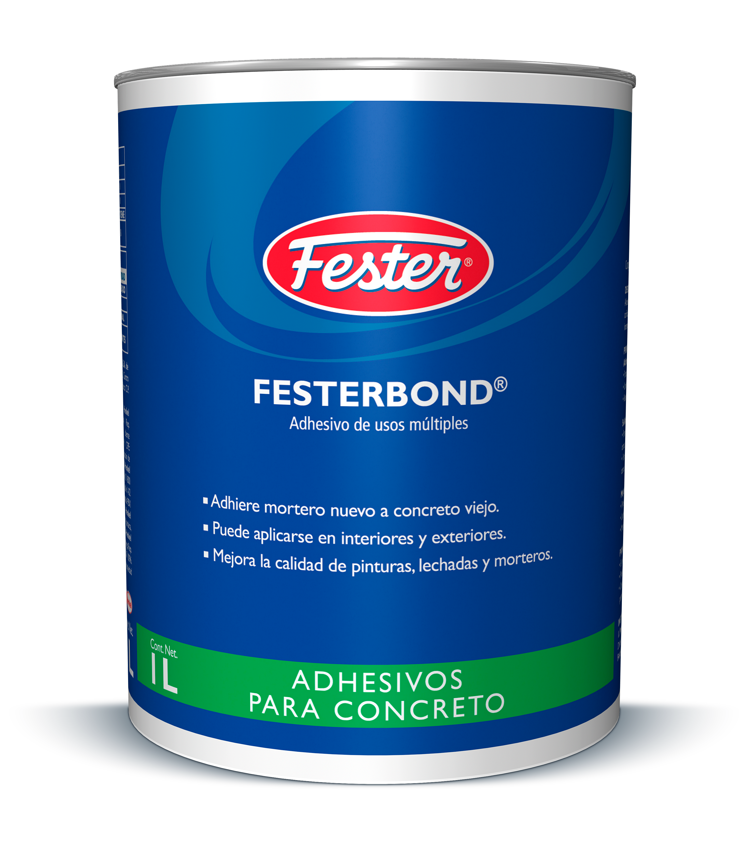 Envase de Festerbond adhesivo y promotor de adherencia. Aplicación de Festerbond en superficie de concreto. Superficie tratada con Festerbond. Detalle del adhesivo y promotor de adherencia Festerbond. Mejora de adherencia en concreto con Festerbond.