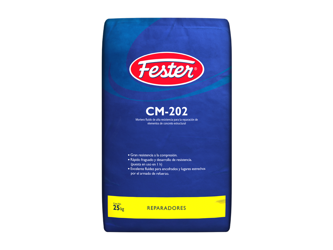 Envase de Fester CM202 mortero reparador. Aplicación de Fester CM202 en superficie de concreto. Superficie reparada con Fester CM202. Detalle del mortero reparador Fester CM202. Restauración de concreto con Fester CM202