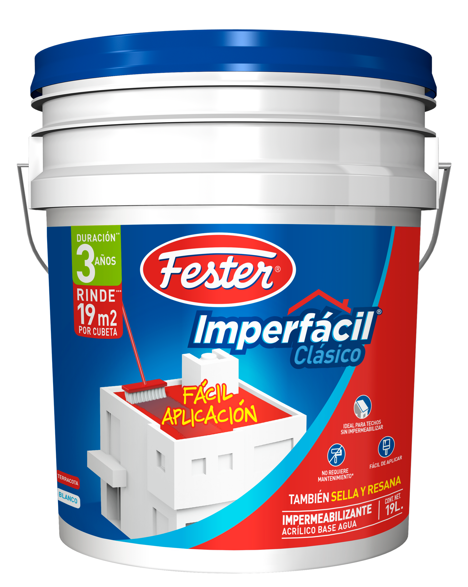 Envase de Fester Imperfacil Clásico impermeabilizante acrílico. Aplicación de Fester Imperfacil Clásico en techo. Superficie protegida con Fester Imperfacil Clásico. Detalle del impermeabilizante acrílico Fester Imperfacil Clásico. Protección de techos y terrazas con Fester Imperfacil Clásico.