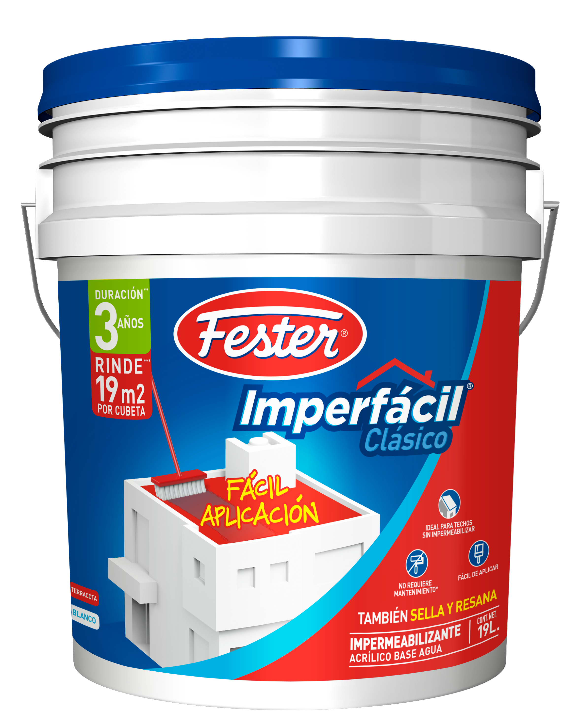 Envase de Fester Imperfacil Clásico impermeabilizante acrílico. Aplicación de Fester Imperfacil Clásico en techo. Superficie protegida con Fester Imperfacil Clásico. Detalle del impermeabilizante acrílico Fester Imperfacil Clásico. Protección de techos y terrazas con Fester Imperfacil Clásico.