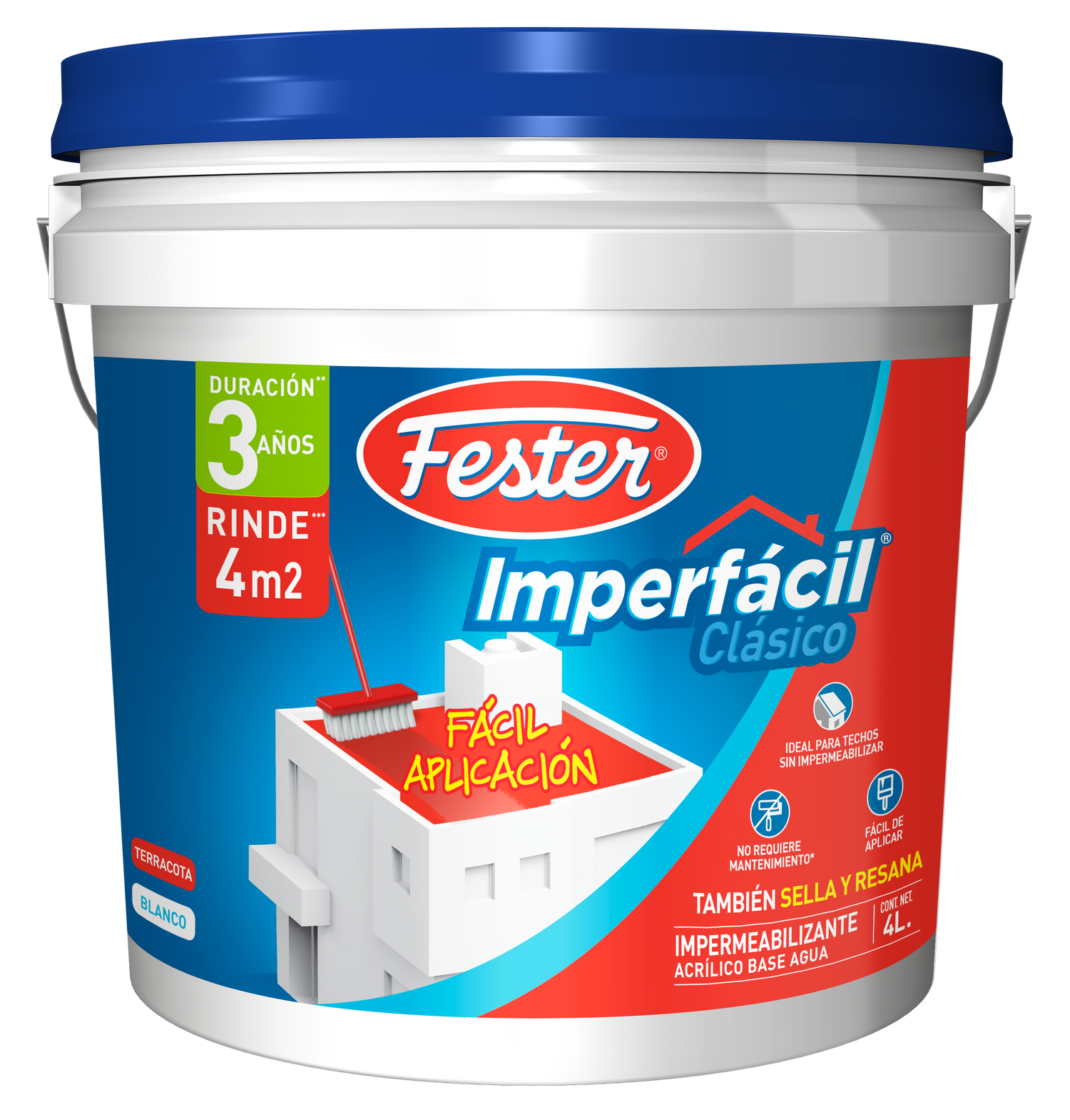 Envase de Fester Imperfacil Clásico impermeabilizante acrílico. Aplicación de Fester Imperfacil Clásico en techo. Superficie protegida con Fester Imperfacil Clásico. Detalle del impermeabilizante acrílico Fester Imperfacil Clásico. Protección de techos y terrazas con Fester Imperfacil Clásico.