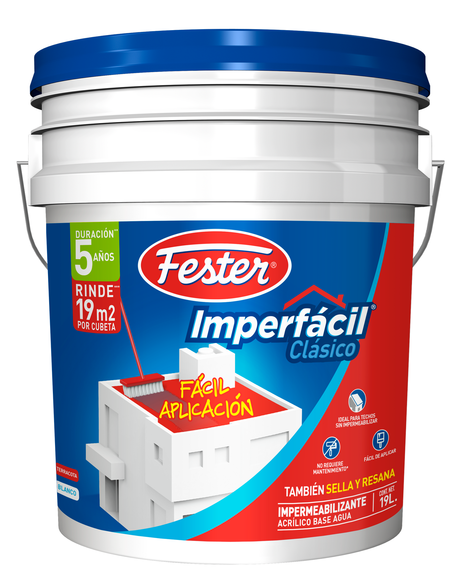 Envase de Fester Imperfacil Clásico impermeabilizante acrílico. Aplicación de Fester Imperfacil Clásico en techo. Superficie protegida con Fester Imperfacil Clásico. Detalle del impermeabilizante acrílico Fester Imperfacil Clásico. Protección de techos y terrazas con Fester Imperfacil Clásico.