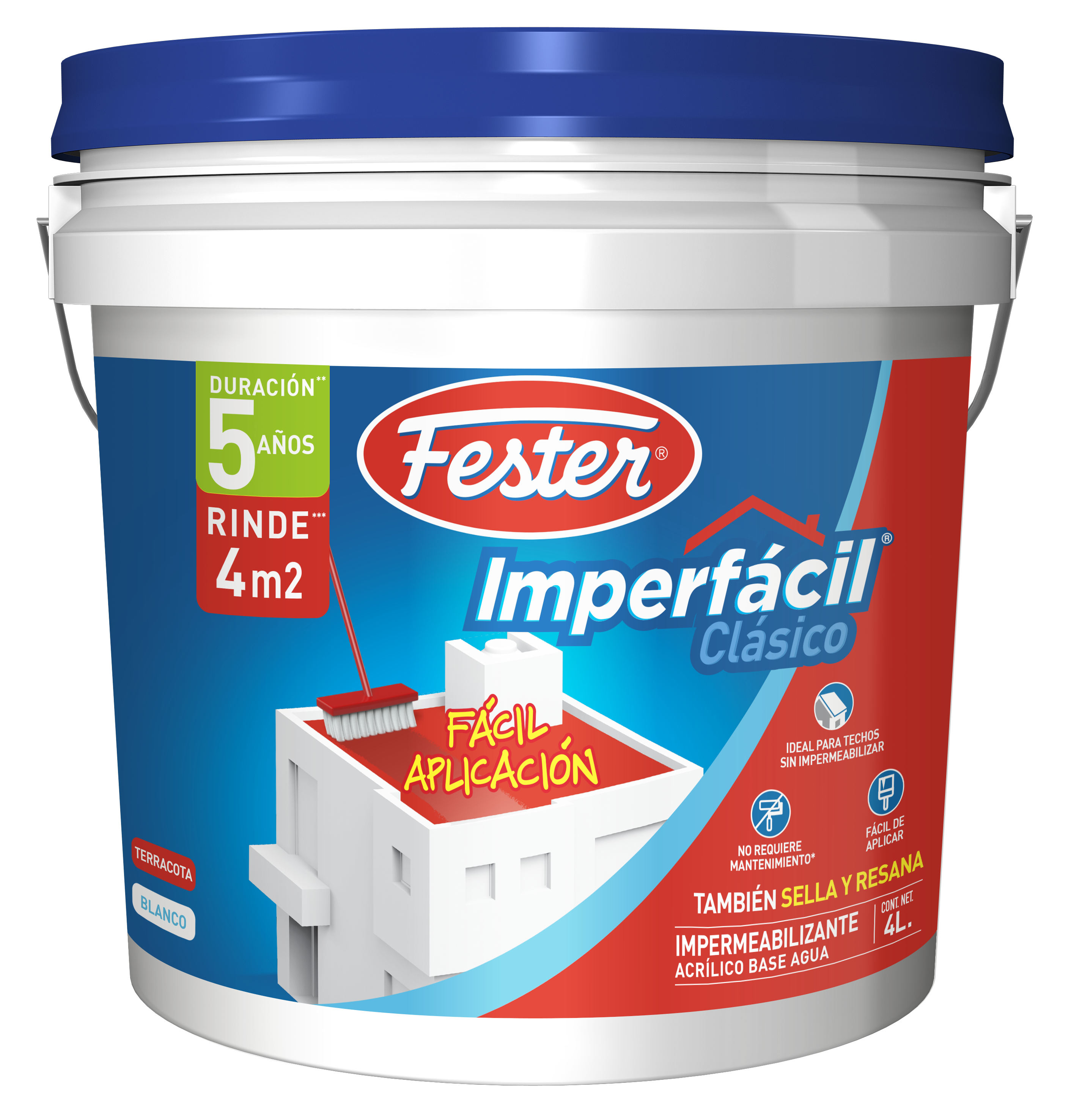 Envase de Fester Imperfacil Clásico impermeabilizante acrílico. Aplicación de Fester Imperfacil Clásico en techo. Superficie protegida con Fester Imperfacil Clásico. Detalle del impermeabilizante acrílico Fester Imperfacil Clásico. Protección de techos y terrazas con Fester Imperfacil Clásico.