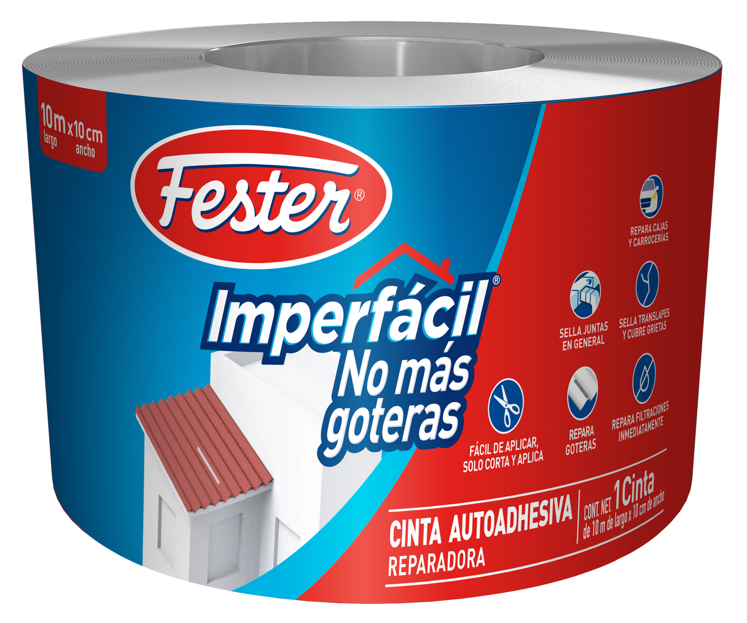 Envase de Fester Imperfacil No Más Goteras Cinta impermeabilizante autoadhesiva. Aplicación de Fester Imperfacil No Más Goteras Cinta en techo. Superficie reparada con Fester Imperfacil No Más Goteras Cinta. Detalle de la cinta impermeabilizante autoadhesiva Fester Imperfacil No Más Goteras Cinta. Reparación de techos con Fester Imperfacil No Más Goteras Cinta.