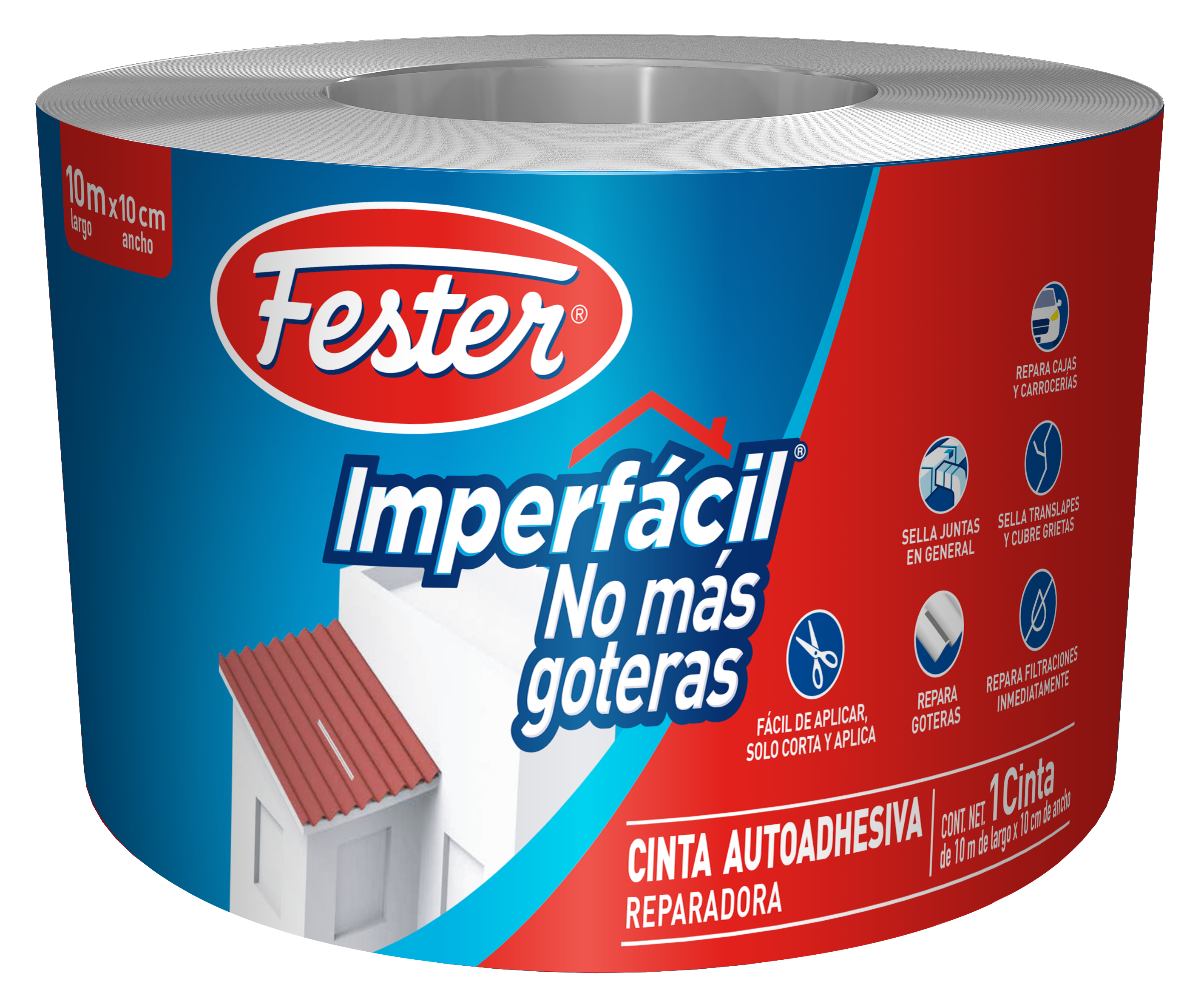 Envase de Fester Imperfacil No Más Goteras Cinta impermeabilizante autoadhesiva. Aplicación de Fester Imperfacil No Más Goteras Cinta en techo. Superficie reparada con Fester Imperfacil No Más Goteras Cinta. Detalle de la cinta impermeabilizante autoadhesiva Fester Imperfacil No Más Goteras Cinta. Reparación de techos con Fester Imperfacil No Más Goteras Cinta.