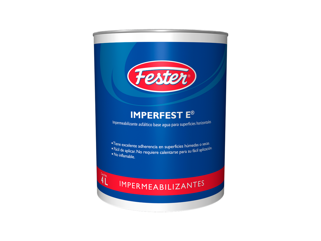 Envase de Fester Imperfest-E impermeabilizante acrílico elastomérico. Aplicación de Fester Imperfest-E en techo. Superficie protegida con Fester Imperfest-E. Detalle del impermeabilizante acrílico elastomérico Fester Imperfest-E. Protección de techos y terrazas con Fester Imperfest-E.