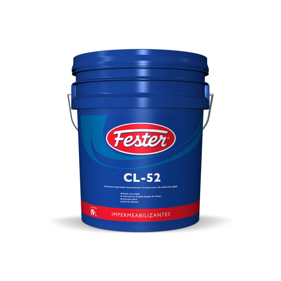 Envase de Fester CL 52 curador y sellador acrílico. Aplicación de Fester CL 52 en superficie de concreto. Superficie de concreto sellada con Fester CL 52. Detalle del curador y sellador acrílico Fester CL 52. Protección de concreto con Fester CL 52