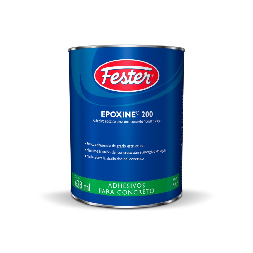 Envase de Fester Epoxine 200 grout epóxico de alta resistencia. Aplicación de Fester Epoxine 200 en anclaje de concreto. Superficie reforzada con Fester Epoxine 200. Detalle del grout epóxico Fester Epoxine 200. Anclaje y refuerzo de concreto con Fester Epoxine 200.