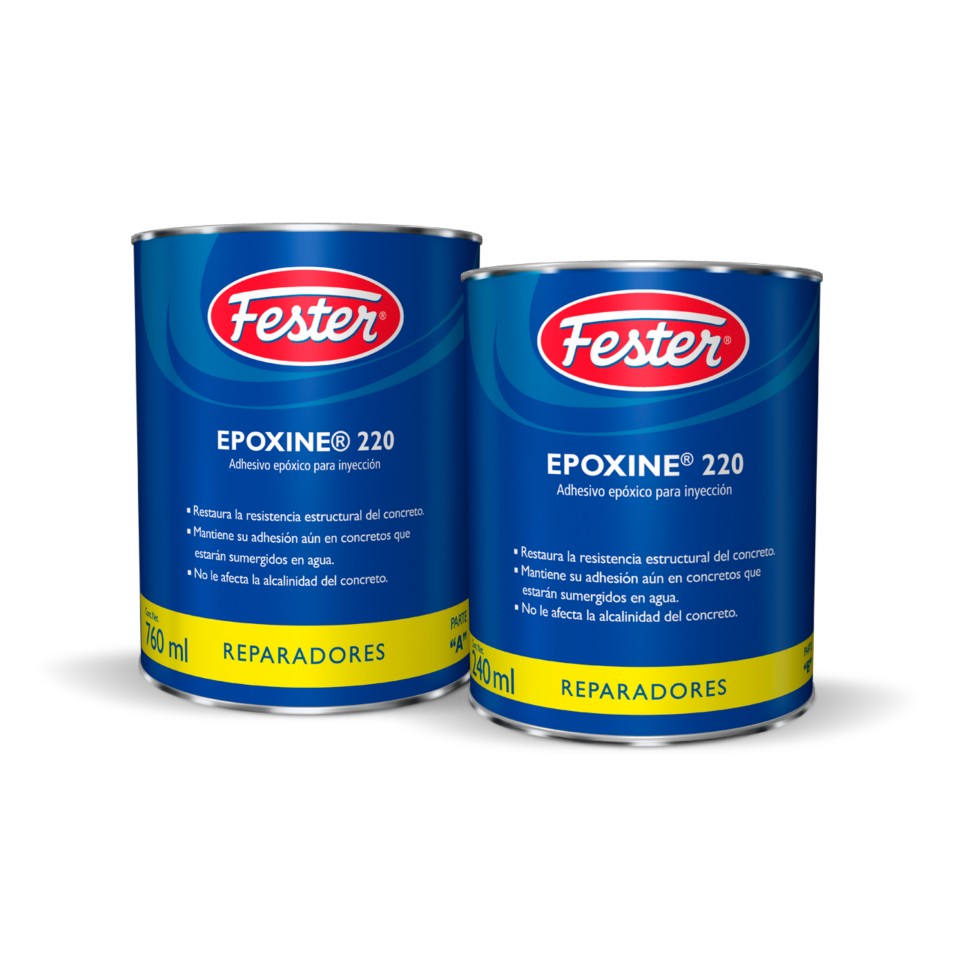 Envase de Fester Epoxine 220 adhesivo epóxico. Aplicación de Fester Epoxine 220 en superficie de concreto. Superficie adherida con Fester Epoxine 220. Detalle del adhesivo epóxico Fester Epoxine 220. Unión de concreto y metal con Fester Epoxine 220.