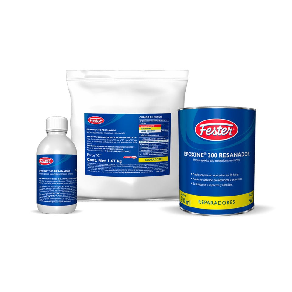 Envase de Fester Epoxine 300 Resanador adhesivo epóxico. Aplicación de Fester Epoxine 300 Resanador en superficie de concreto. Superficie reparada con Fester Epoxine 300 Resanador. Detalle del adhesivo epóxico Fester Epoxine 300 Resanador. Resanado de concreto y metal con Fester Epoxine 300 Resanador