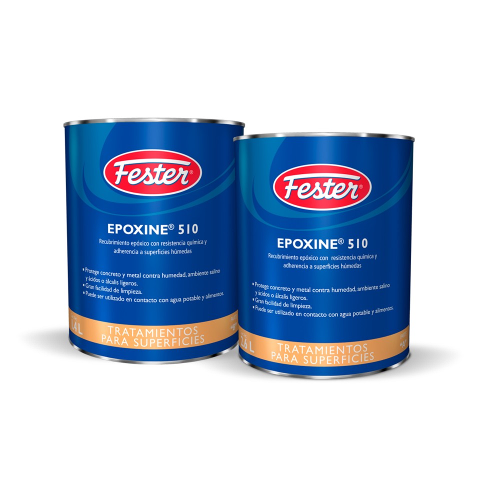 Envase de Fester Epoxine 510 recubrimiento impermeabilizante epóxico. Aplicación de Fester Epoxine 510 en superficie de concreto. Superficie protegida con Fester Epoxine 510. Detalle del recubrimiento impermeabilizante epóxico Fester Epoxine 510. Protección de concreto y metal con Fester Epoxine 510.