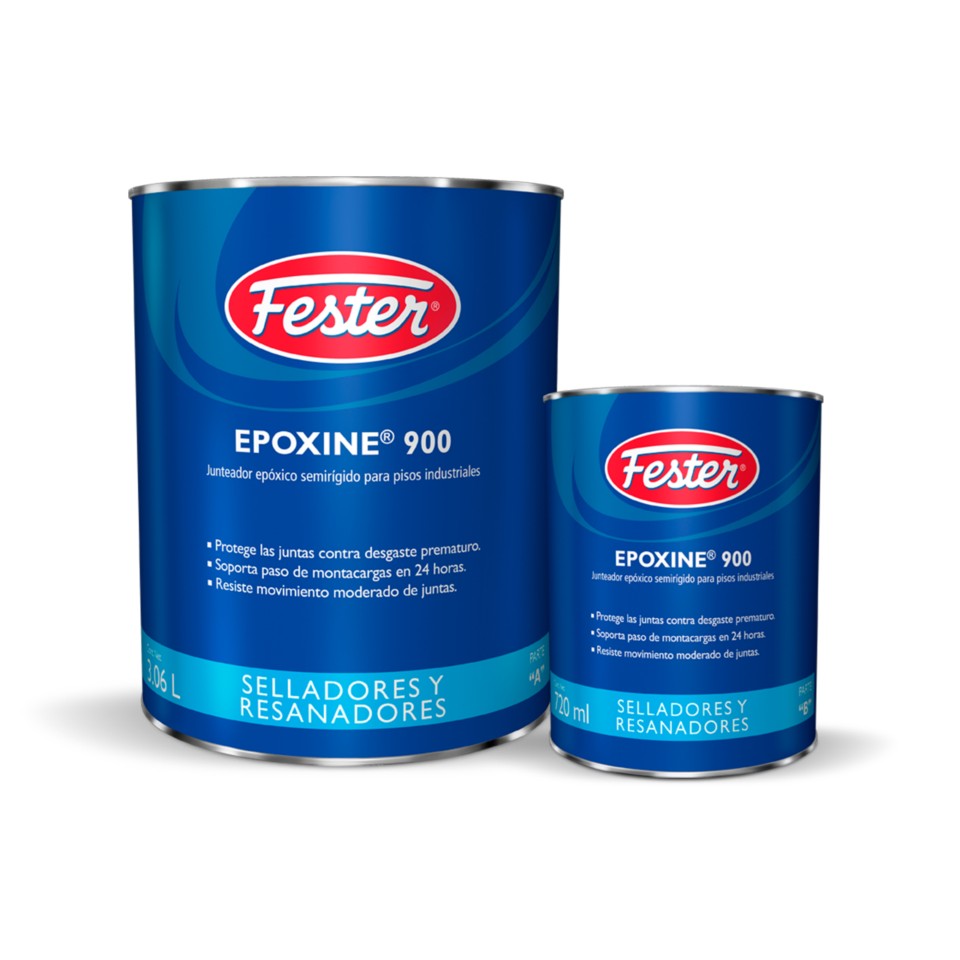 Envase de Fester Epoxine 900 sellador epóxico. Aplicación de Fester Epoxine 900 en junta constructiva. Superficie sellada con Fester Epoxine 900. Detalle del sellador epóxico Fester Epoxine 900. Protección de juntas con Fester Epoxine 900.