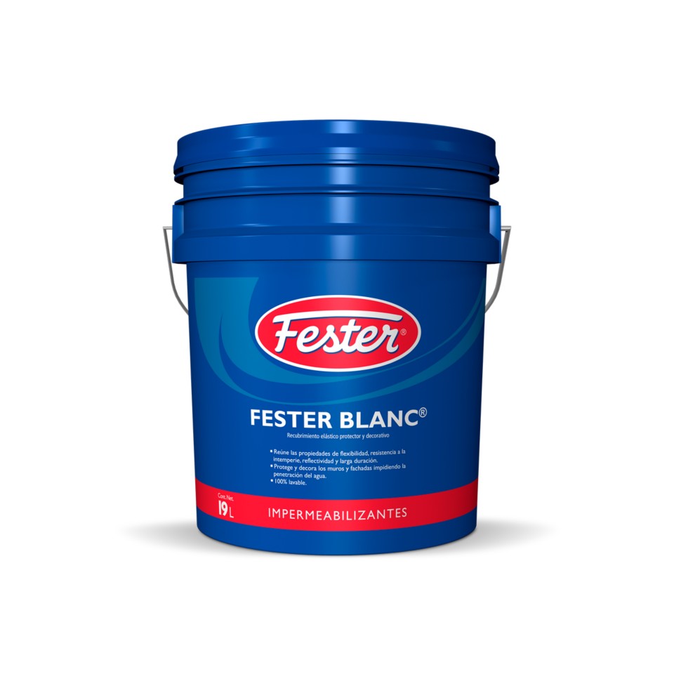 Envase de Festerblanc impermeabilizante acrílico reflectivo. Aplicación de Festerblanc en techo. Superficie protegida con Festerblanc. Detalle del impermeabilizante acrílico reflectivo Festerblanc. Protección y estética en techos y terrazas con Festerblanc.