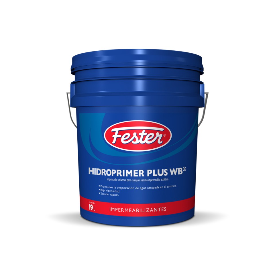 Envase de Fester Hidroprimer Plus WB primer impermeabilizante. Aplicación de Fester Hidroprimer Plus WB en superficie de concreto. Superficie preparada con Fester Hidroprimer Plus WB. Detalle del primer impermeabilizante Fester Hidroprimer Plus WB. Protección contra la humedad con Fester Hidroprimer Plus WB.