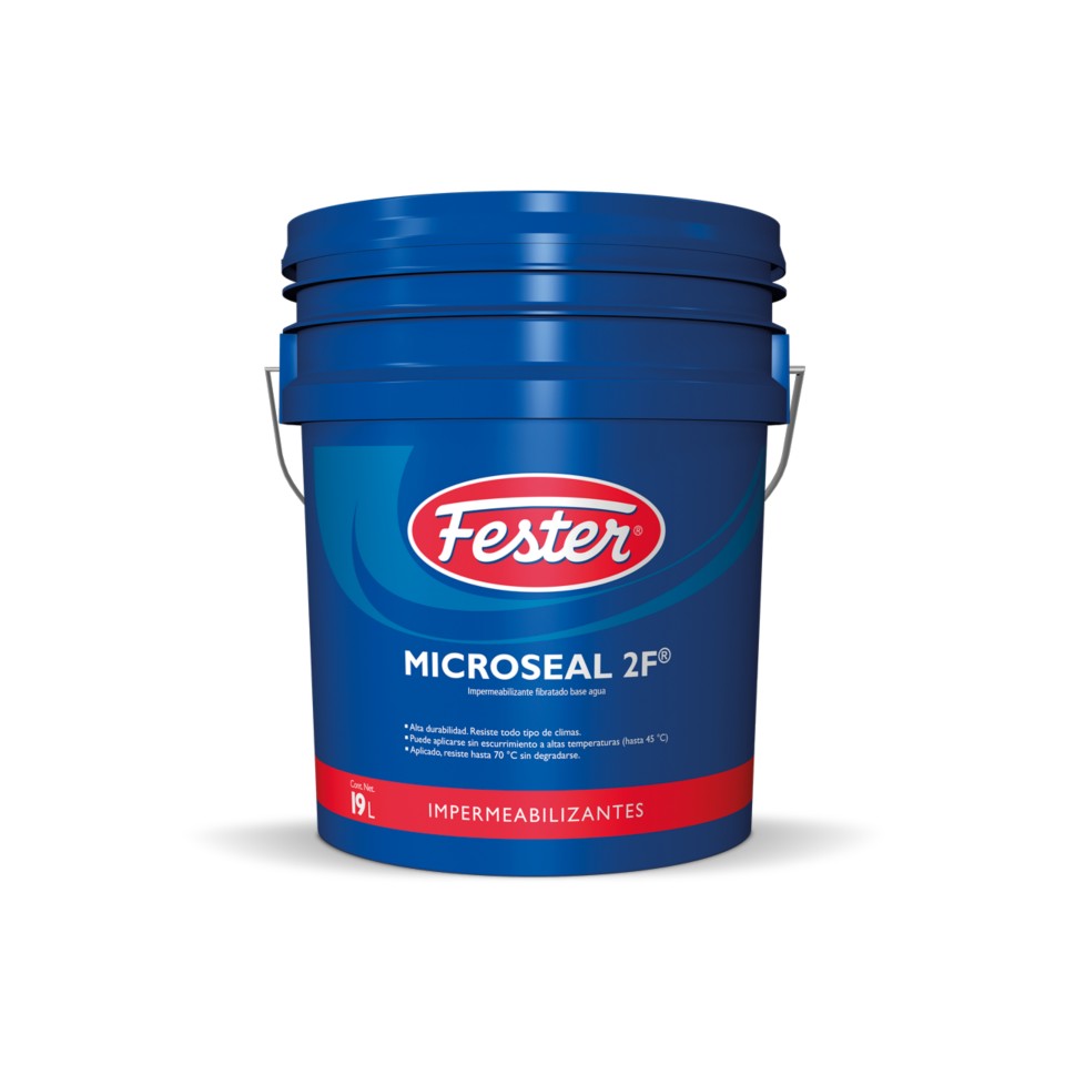 Envase de Fester Microseal 2F impermeabilizante cementoso flexible. Aplicación de Fester Microseal 2F en superficie de concreto. Superficie protegida con Fester Microseal 2F. Detalle del impermeabilizante cementoso flexible Fester Microseal 2F. Protección de concreto con Fester Microseal 2F.